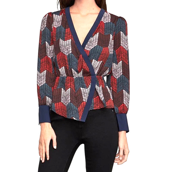 New BCBGMaxAzria Small Silky Wrap Peplum Blouse Top Geo Chevron Print Red Teal - Picture 2 of 12